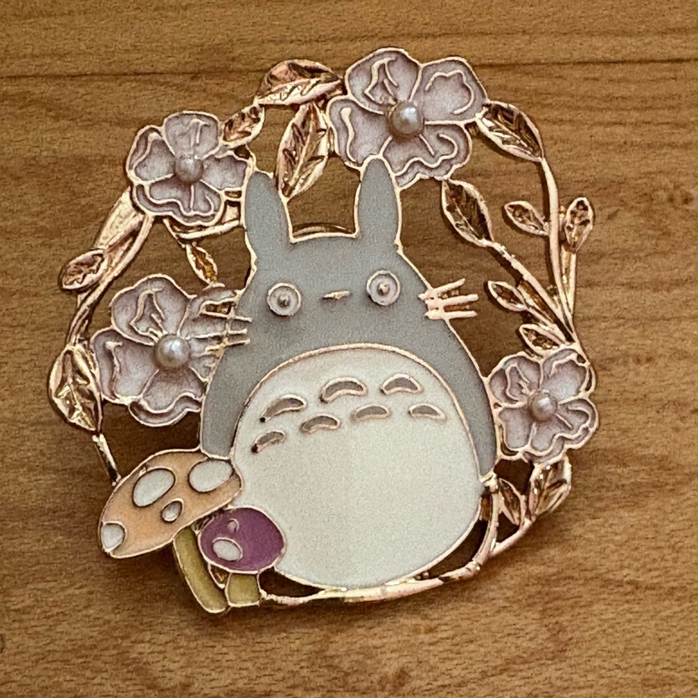 Cute Totoro Enamel Pin with Floral Design